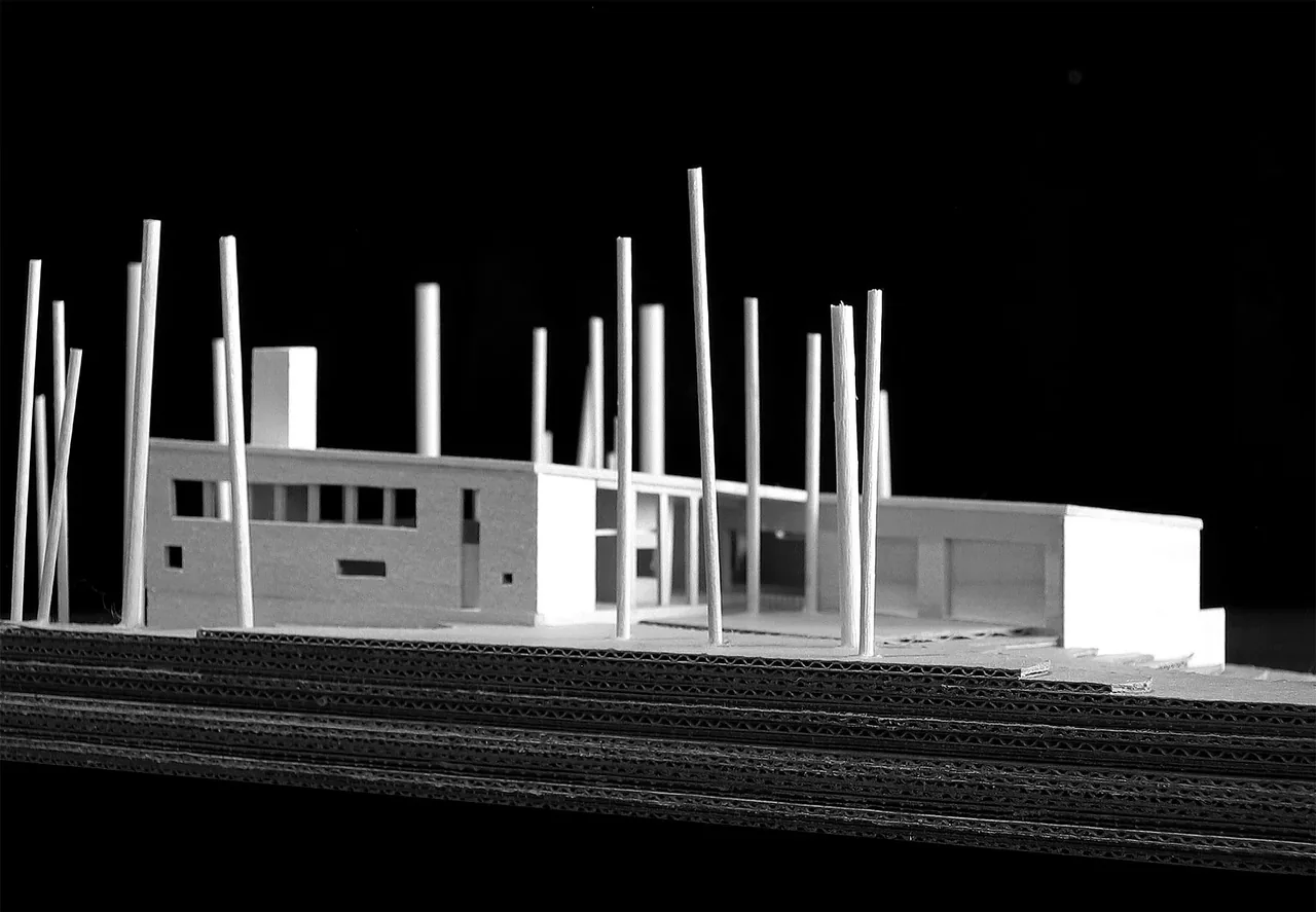Model of the Farquar Lake Residence showing a modern design with a flat roof and vertical elements representing trees.