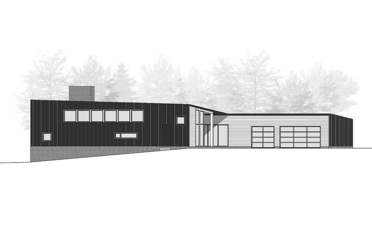 Elevation of Farquar Lake Residence showing modern mixed siding and stone foundation by ALTUS Architecture + Design.