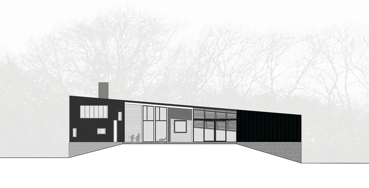 Elevation drawing of the Farquar Lake Residence showing three distinct siding types and window arrangements on a slope.