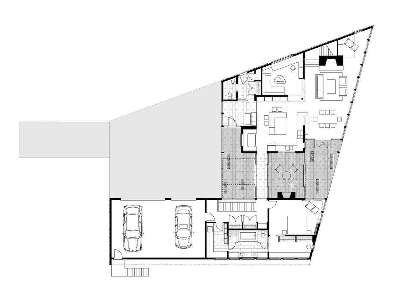 Floor plan of Farquar Lake Residence highlights living, dining, bedroom, bathrooms, and garage spaces.