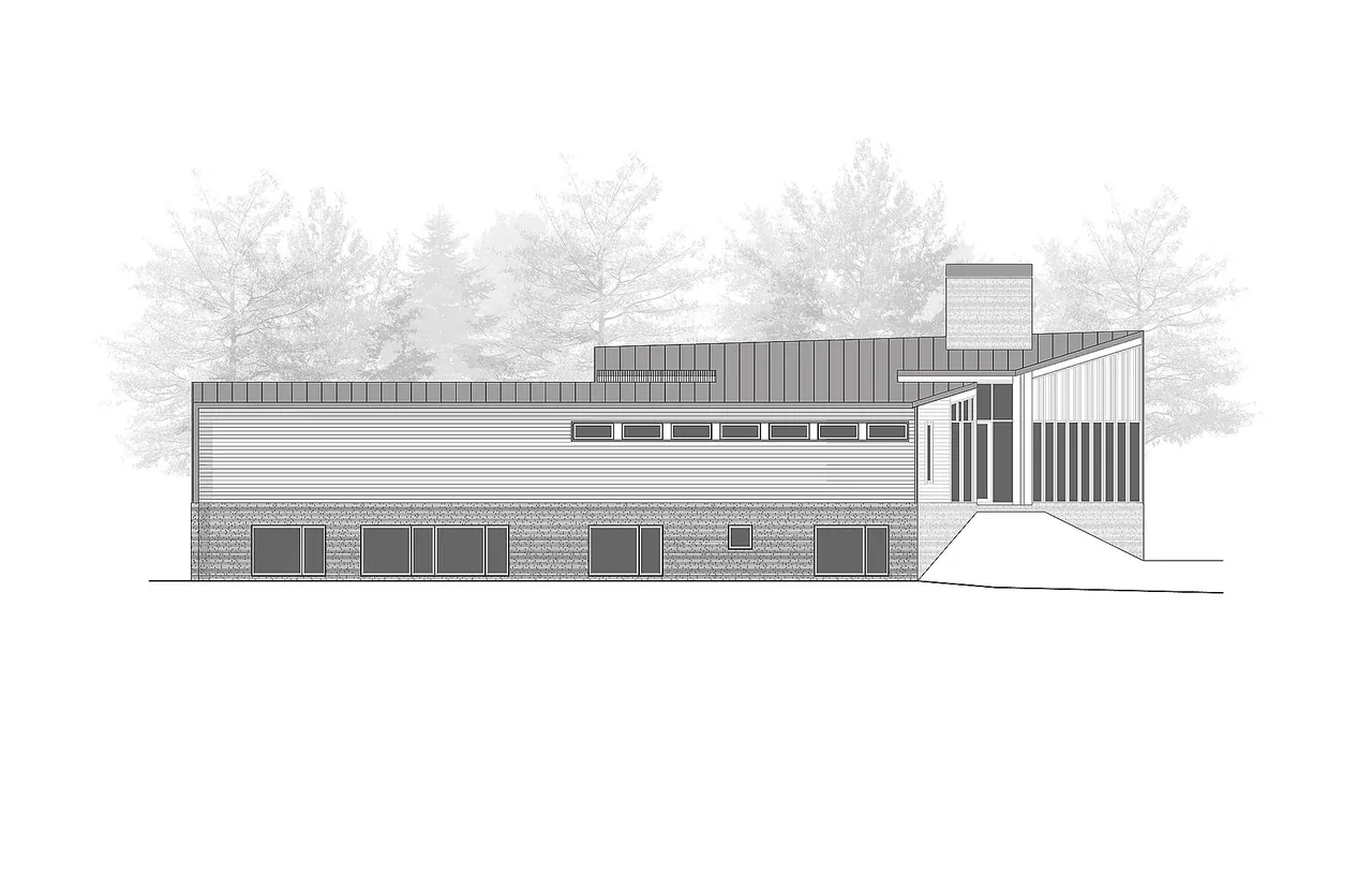 Elevation drawing of the Farquar Lake Residence side showing horizontal siding and clerestory windows.