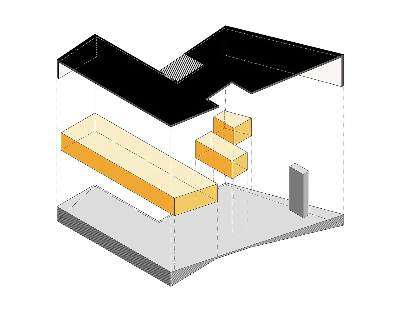 Exploded axonometric drawing highlighting key volumes of the Farquar Lake Residence design.