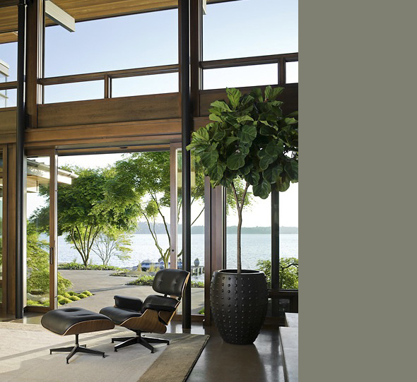 Seating area with lounge chair and ottoman beside large potted fiddle leaf fig plant with expansive water and garden views.