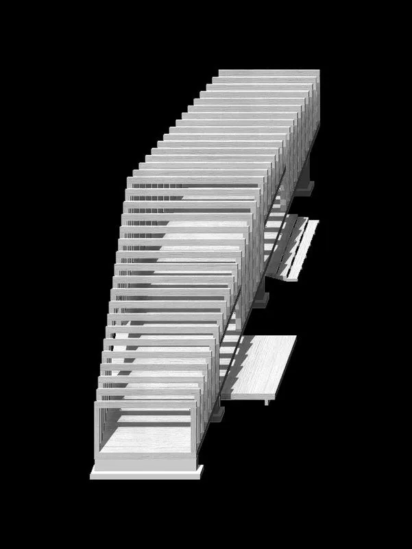 Rendering of Islesboro Boathouse and Studio showing linear frame structure and deck platforms.