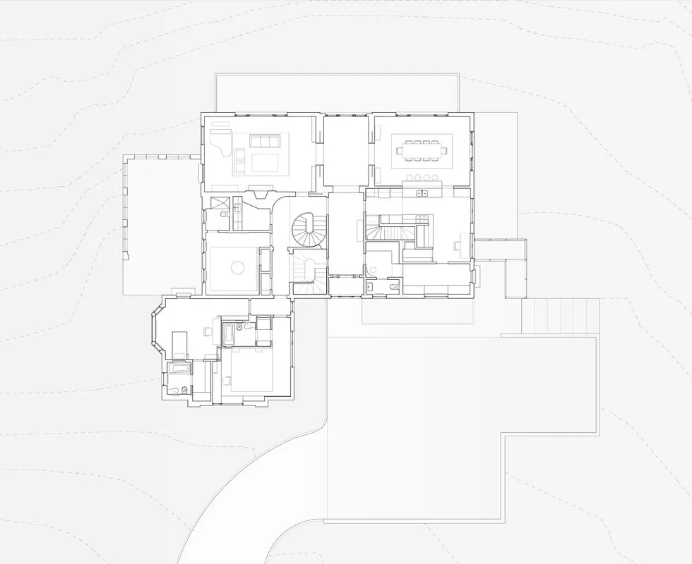 Floor plan of the Riverdale Residence by Andrew Berman Architect showing layout, including living, dining, bedroom, bath, and stair areas.