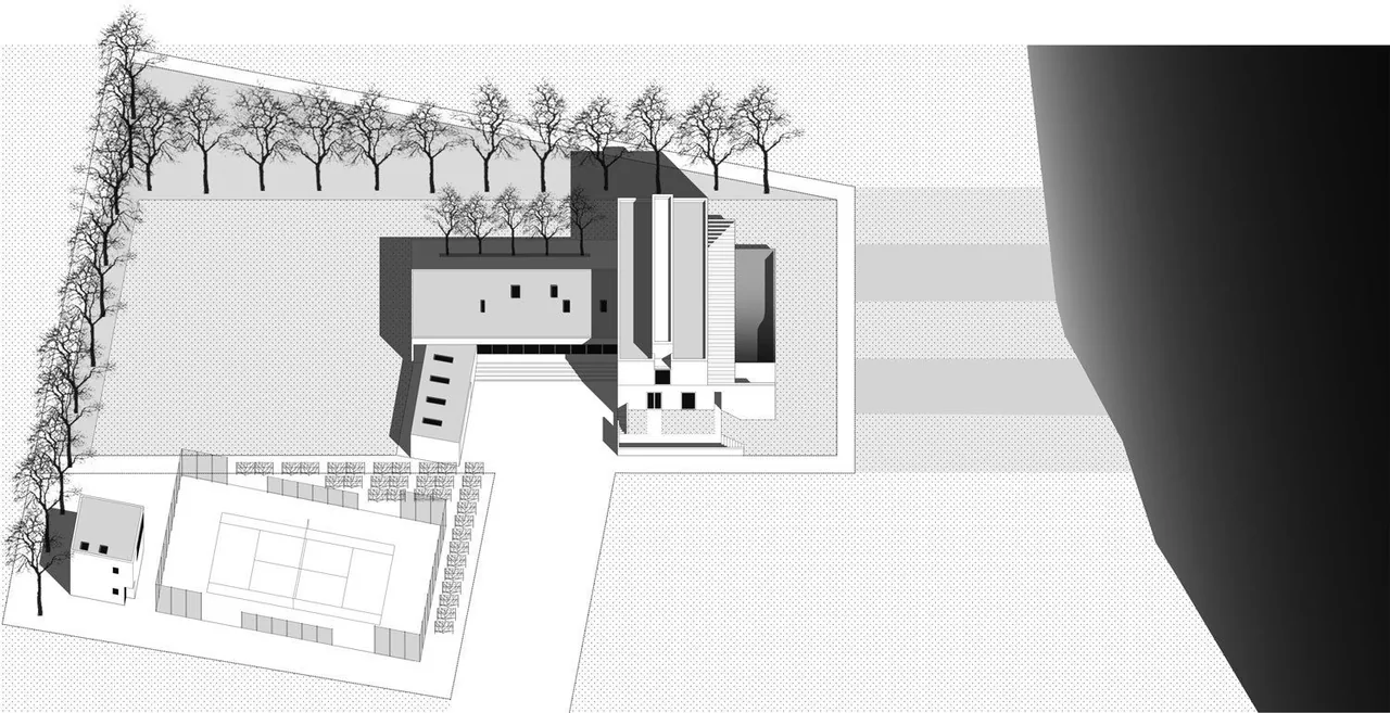 Site plan view of Watermill Residence showing layout of main building, tennis court, and landscaping.