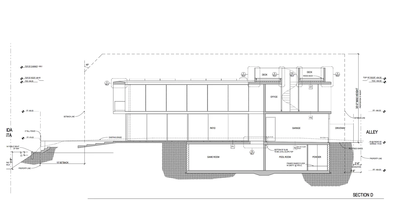 Section drawing showing interior layout of The Cresta house with game room, office, garage, and decks.