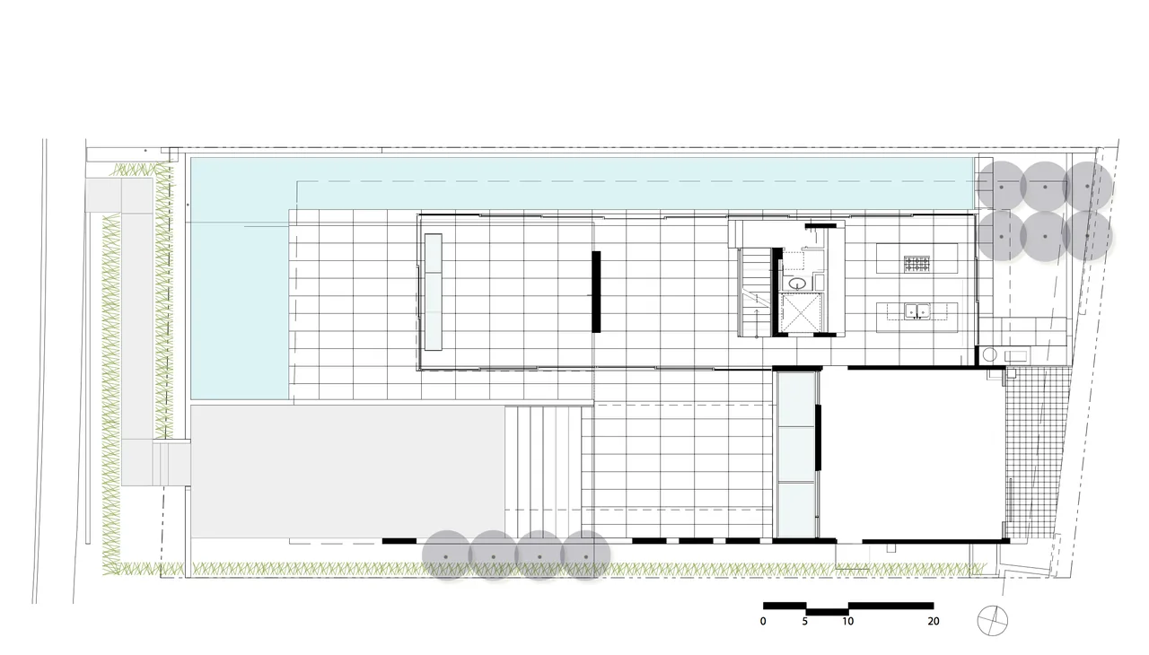 The Cresta floor plan shows a boxy modern home with a rectangular courtyard and pool area.