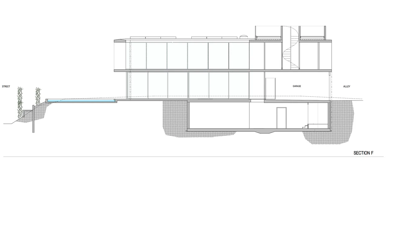 Sectional architectural drawing of The Cresta, a modern multi-level house with extensive glass walls and a rectangular courtyard.