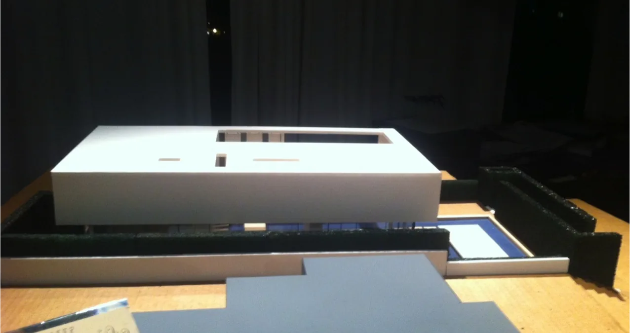 Model of The Cresta project featuring a flat concrete slab roof and glass balcony railing by Jonathan Segal.