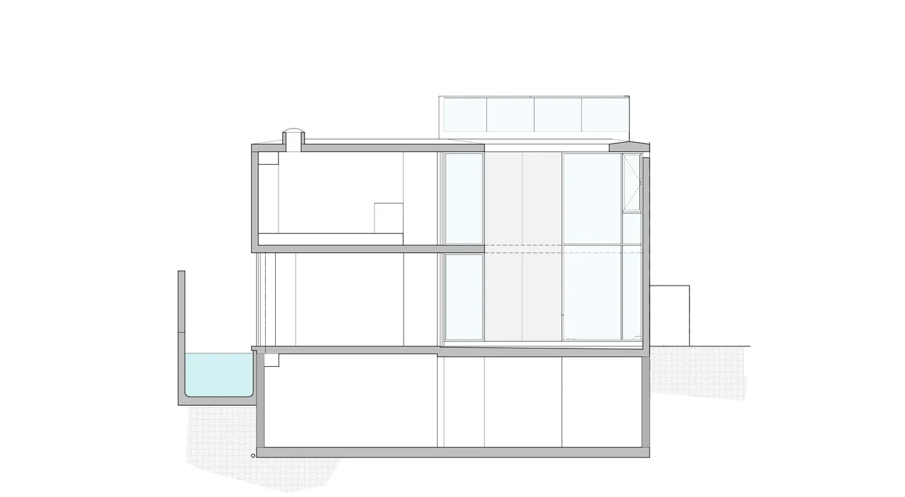 Section drawing of The Cresta project showing boxy form, concrete slab roof, and rectangular courtyard with pool.