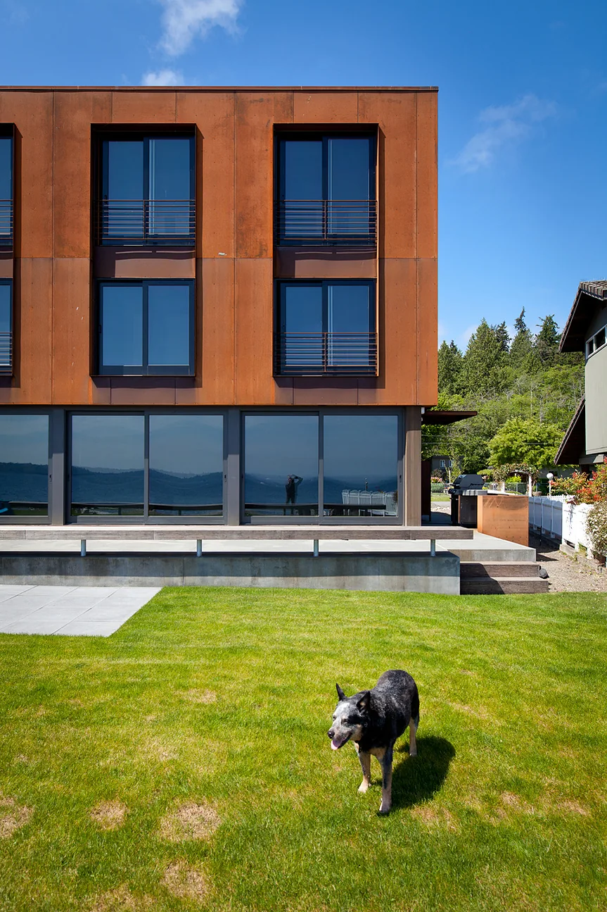 Whidbey Beach House features rust-colored metal cladding with large glazing and a grassy front yard with a dog.