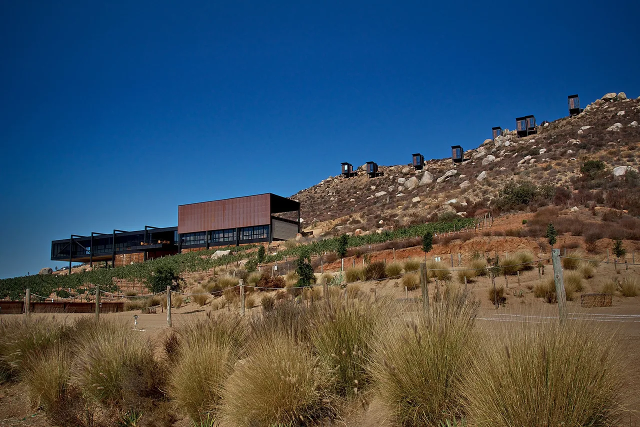 Modern hillside building with rust-colored facade and black-framed windows in a dry landscape.