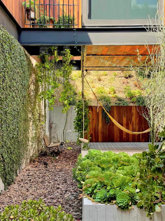 Backyard features a hammock, green plants, vine-covered wall, and wood slat roof over hangout area.
