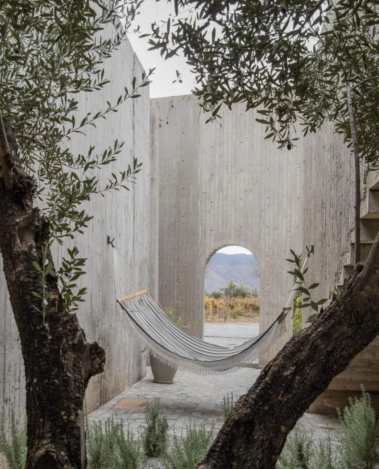 Outdoor courtyard with board-formed concrete walls and a hammock between two walls near an arched opening.