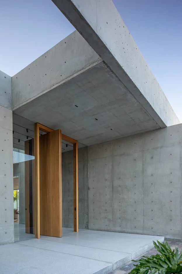 Modern exterior entrance featuring an oversized wooden pivot door framed by exposed concrete walls.