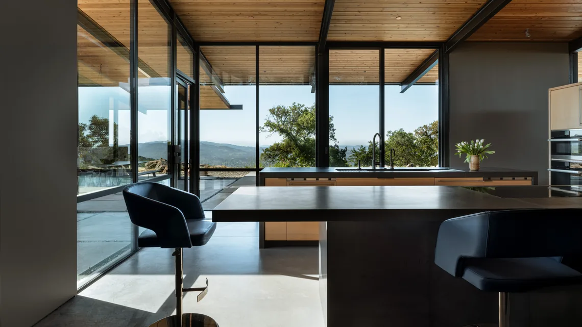 Kitchen with black window frames overlooks natural landscape through floor-to-ceiling glass walls.
