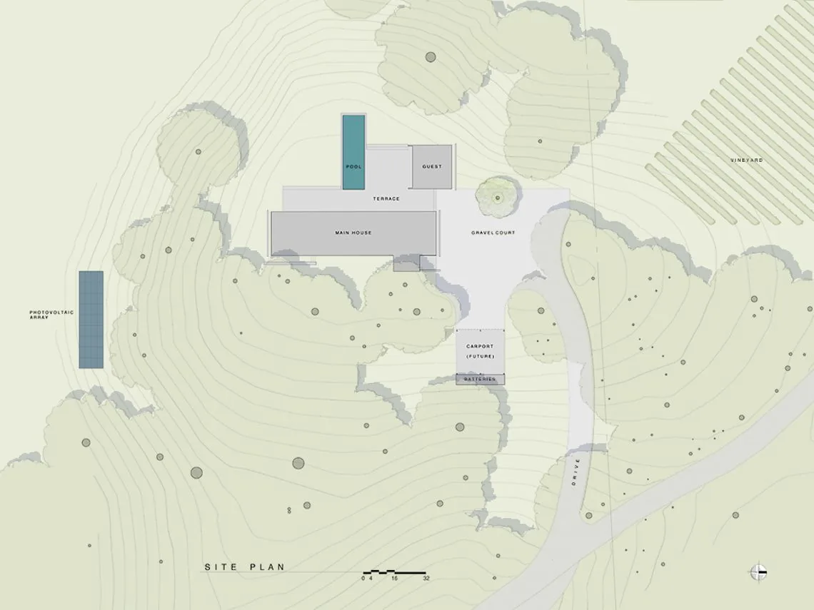 Site plan of Split Rock Springs Ranch featuring main and guest houses, pool, terrace, and photovoltaic solar array.