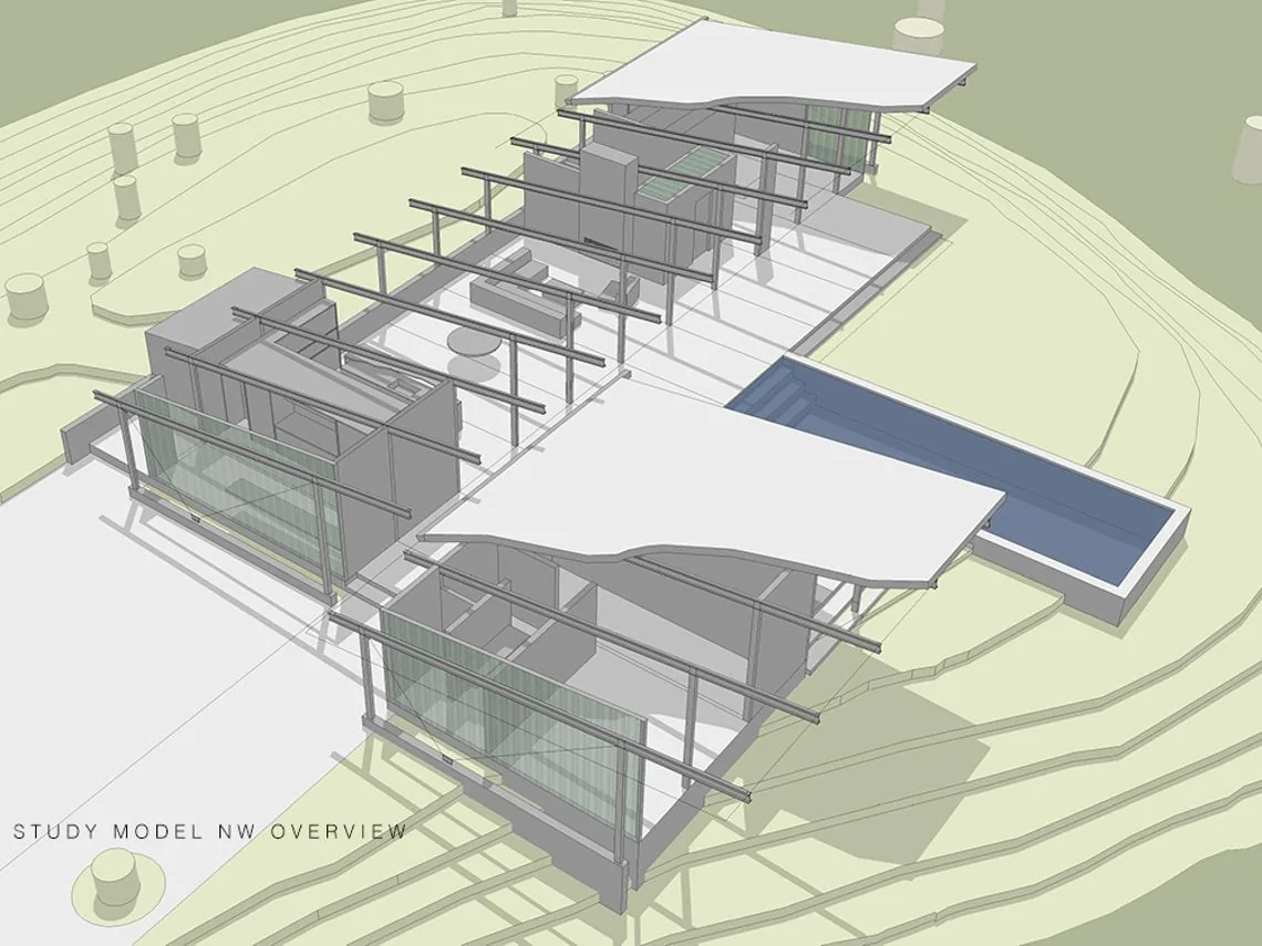 Study model of Split Rock Springs Ranch illustrating modern flat and sloping rooflines and a reflecting pool.