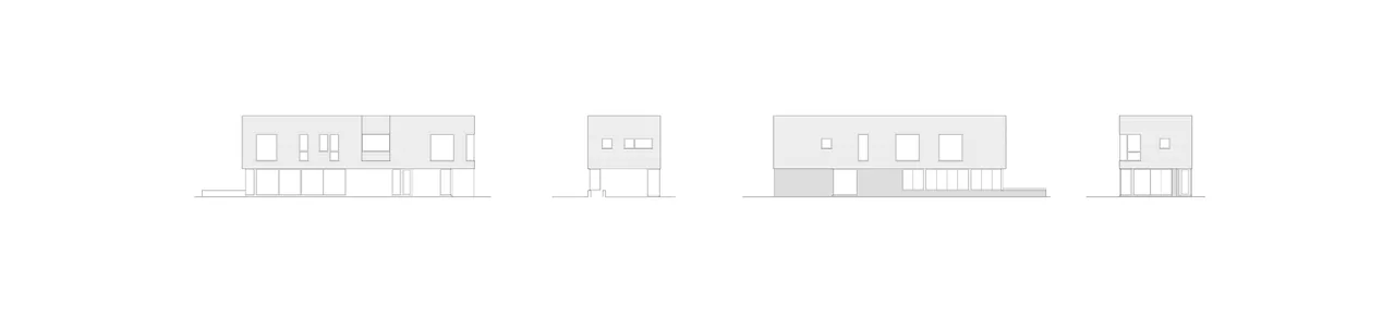 Elevation views of the Needham House showing cantilevered upper floor and horizontal cladding with rectangular windows.