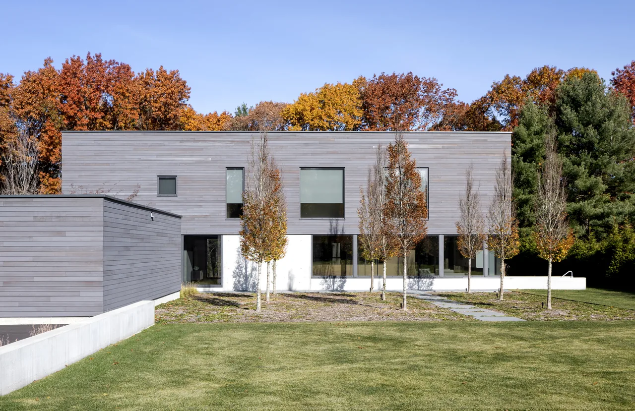 The NEEDHAM HOUSE features a modern facade with horizontal wood siding and rectangular windows across two stories.