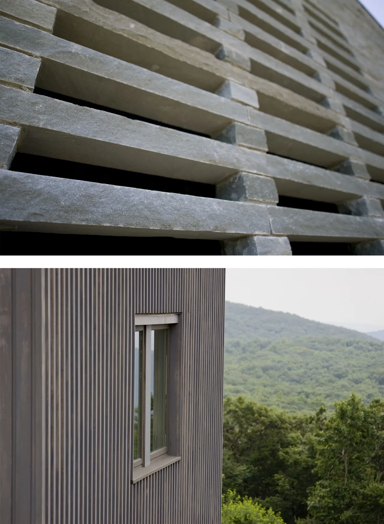 Detail of the stone wall and vertical metal siding with a rectangular window on the exterior of Blue Rock House by AW ARCH.