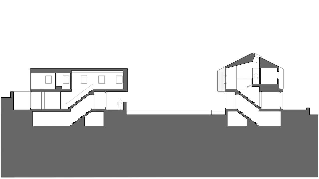 Cross section of Blue Rock House showing two building volumes connected by an elevated walkway and stairs.