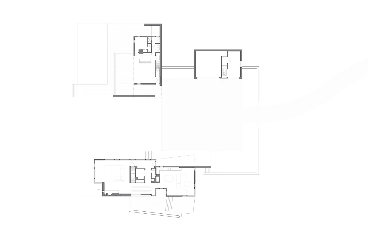 First floor architectural plan of Blue Rock House with connected rooms and outdoor areas.