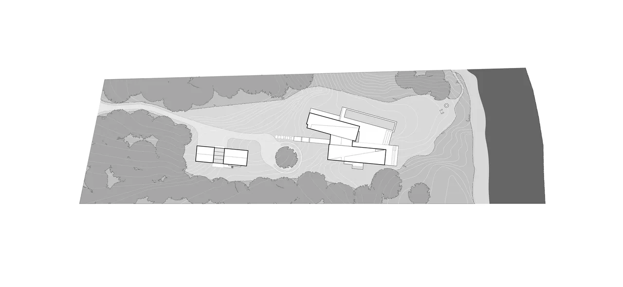 Site plan of TWO SHEDS HOUSE with gravel driveway, wood walkway, grassy yard, and rectangular pool near waterfront.
