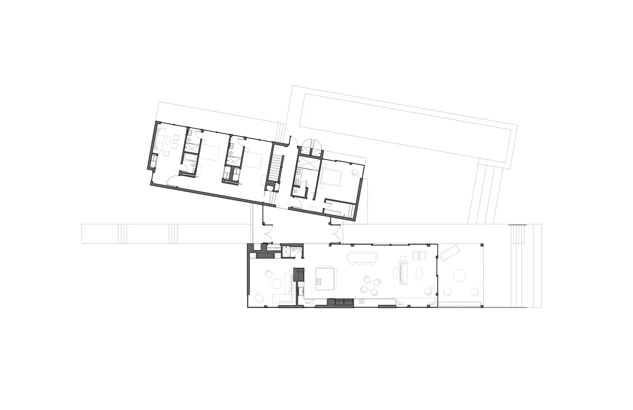 Floor plan of TWO SHEDS HOUSE by AW ARCH shows two connected shed-shaped structures with bedrooms and living spaces.