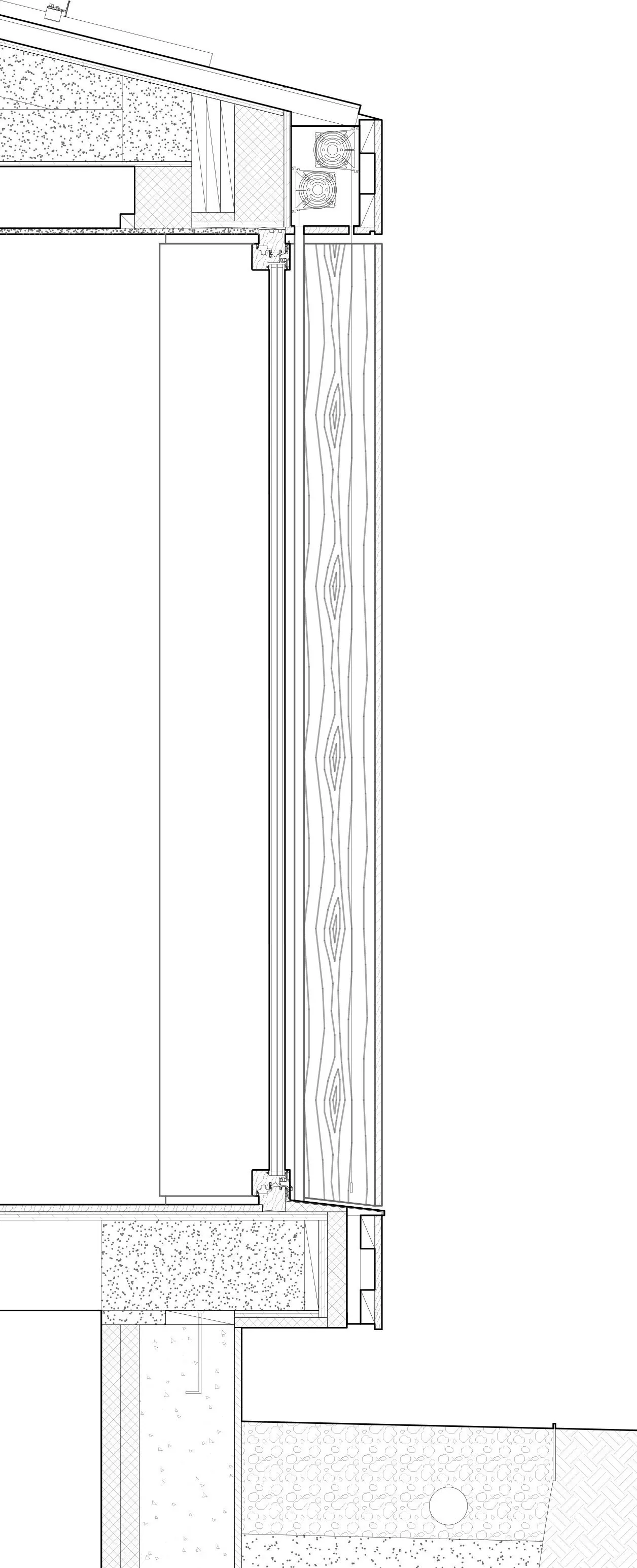 Section detail highlighting exterior wall construction with vertical wood siding and window installation.