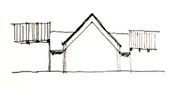Sketch showing the rectangular plan and gabled roof form of the East Hampton Residence.