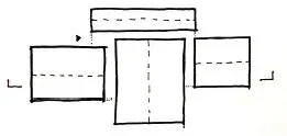 Architectural plan sketch for the East Hampton Residence showing a rectangular main building with three attached rectangular wings.