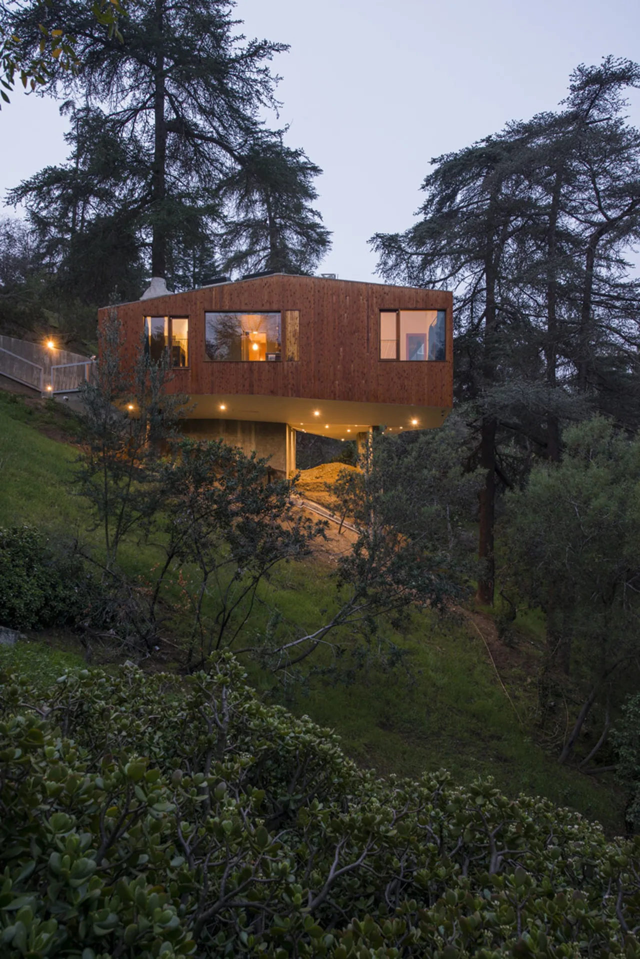 House elevated on a hillside with wood siding and large windows, surrounded by trees in the evening light.