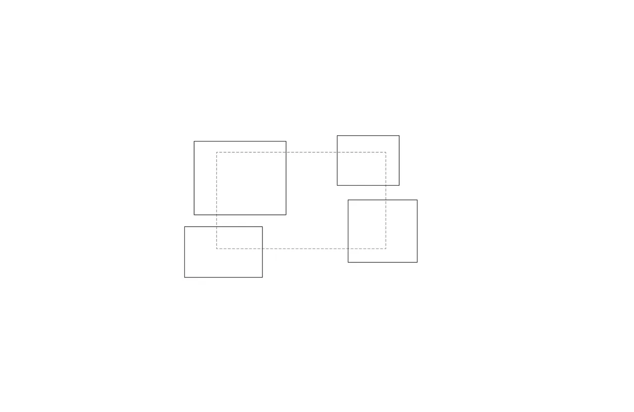 Architectural concept sketch for Mirrorhouse featuring four main volumes connected by dashed lines.