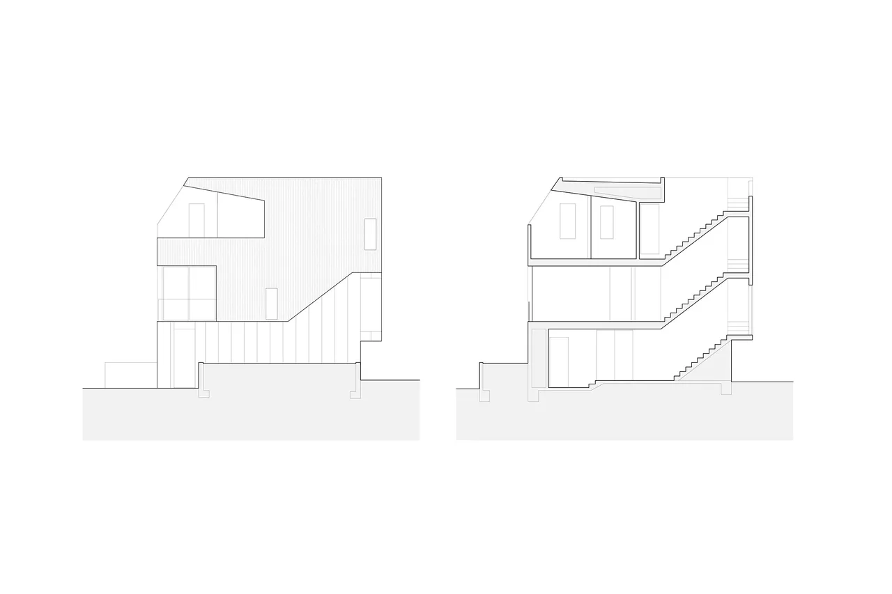 Section drawings display interior spatial organization and exterior profile of the three-story Surfhouse project.