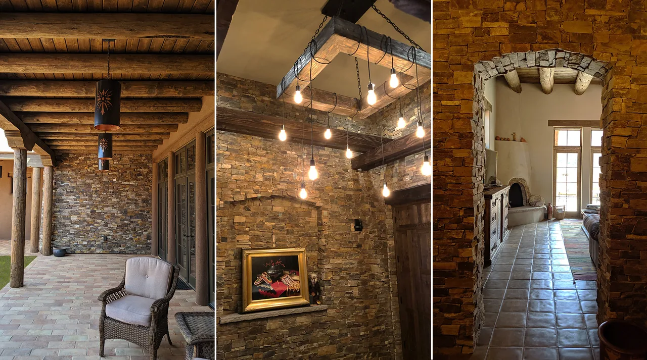 The Applegate Residence features a southwestern style with stone walls, wooden beam ceilings, terracotta tile floors, and a fireplace.