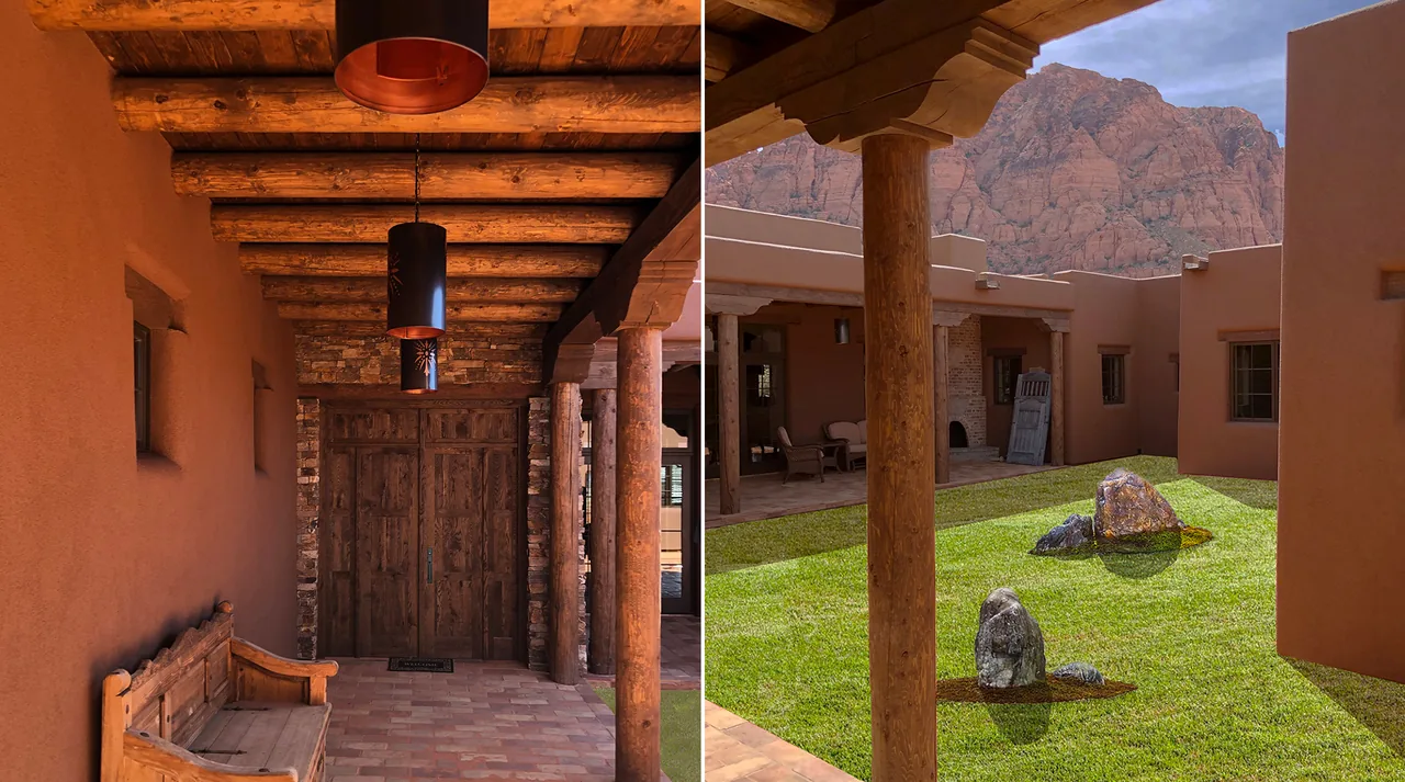 Covered porch with exposed beam ceiling and adobe stucco walls opening to courtyard lawn with view of red sandstone cliffs.