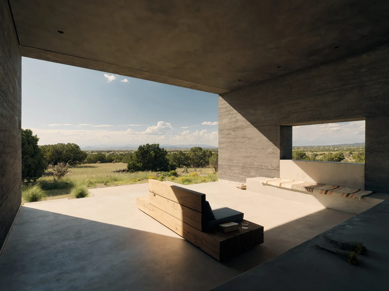 Outdoor covered patio with concrete walls and wooden bench at Sombra de Santa Fe project by Dust Architects.