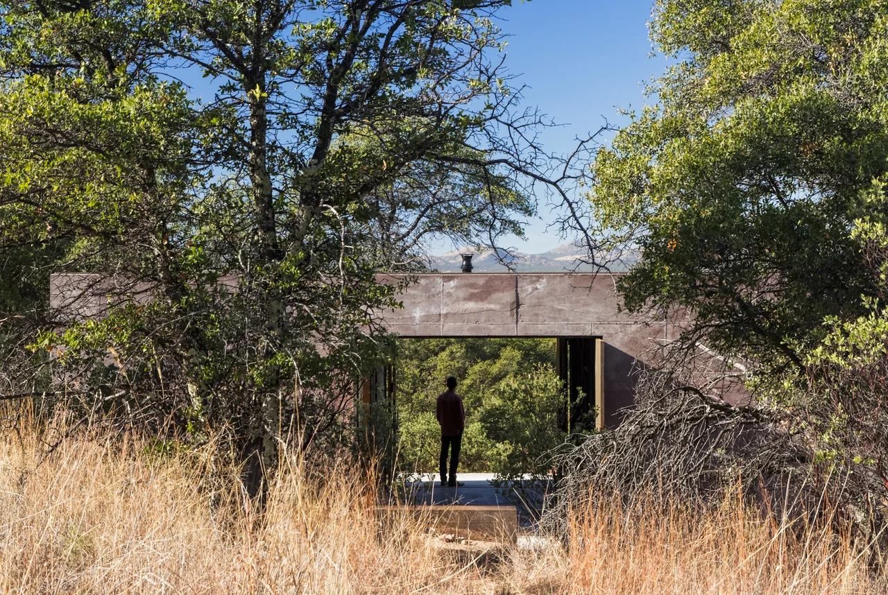 View of a concrete structure with a large rectangular opening showing a person standing and looking at trees.