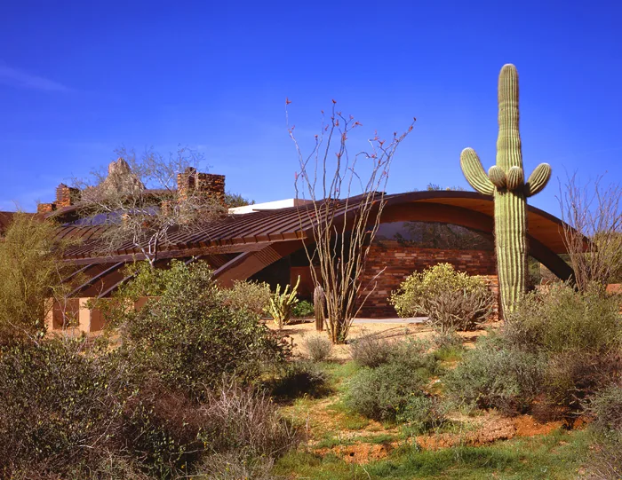 The Klugness residence features a curved wooden roof and integrates desert landscaping with saguaros and shrubs.
