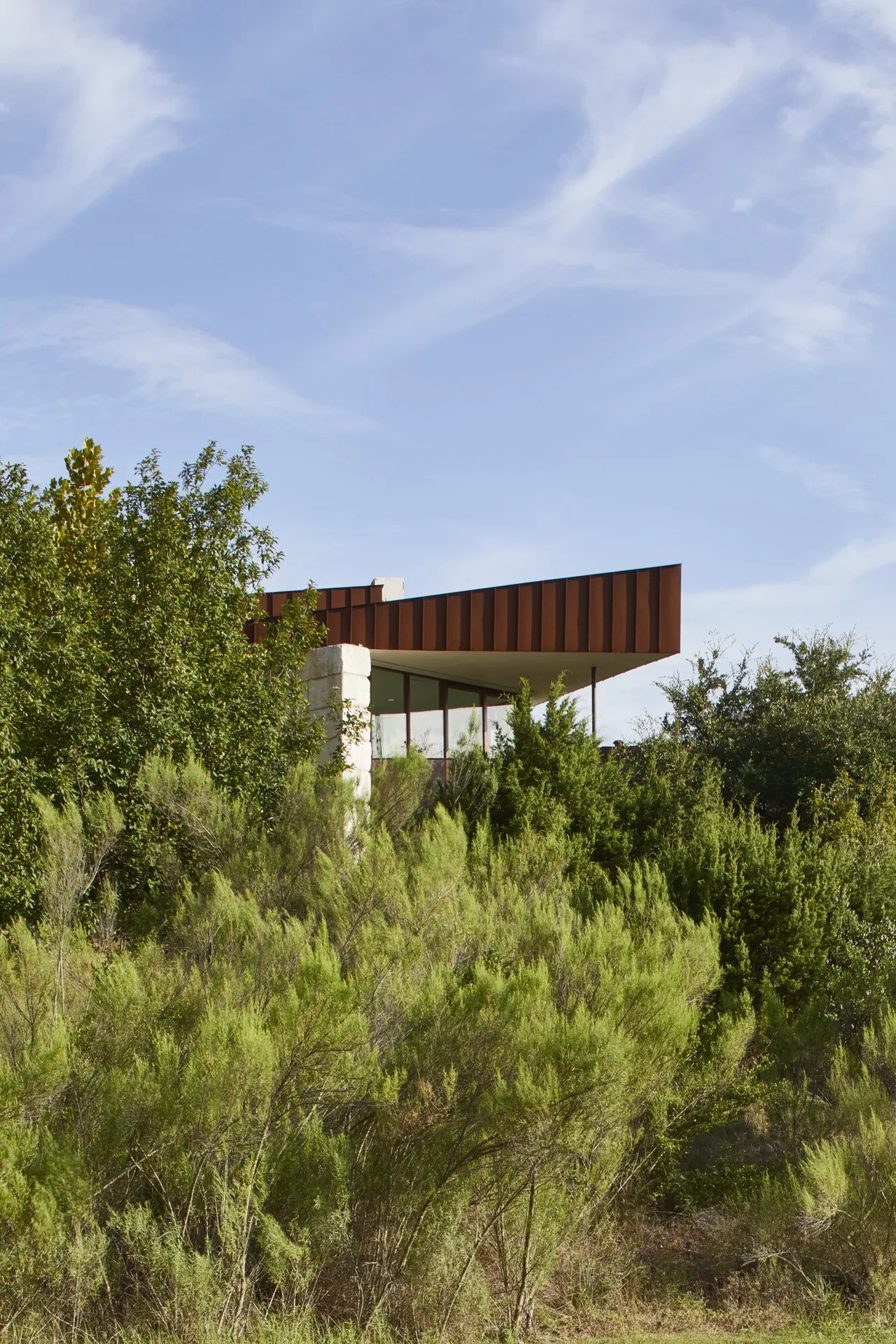 The Bold Ruler House features a rust-colored cantilevered roof with large glass windows, set amidst dense greenery.
