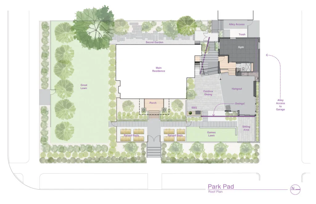 Roof plan of Park Pad project showing main residence surrounded by outdoor dining, gym, lawns, porch, and garden spaces.