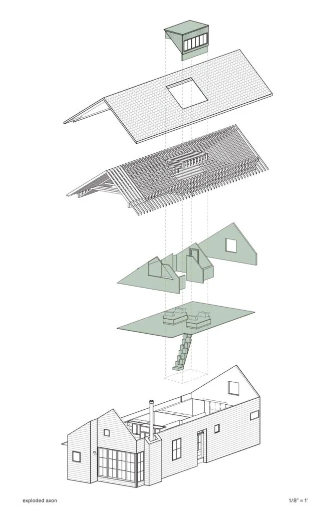 Exploded axonometric drawing illustrating the structural layers and internal arrangement of a residential house.