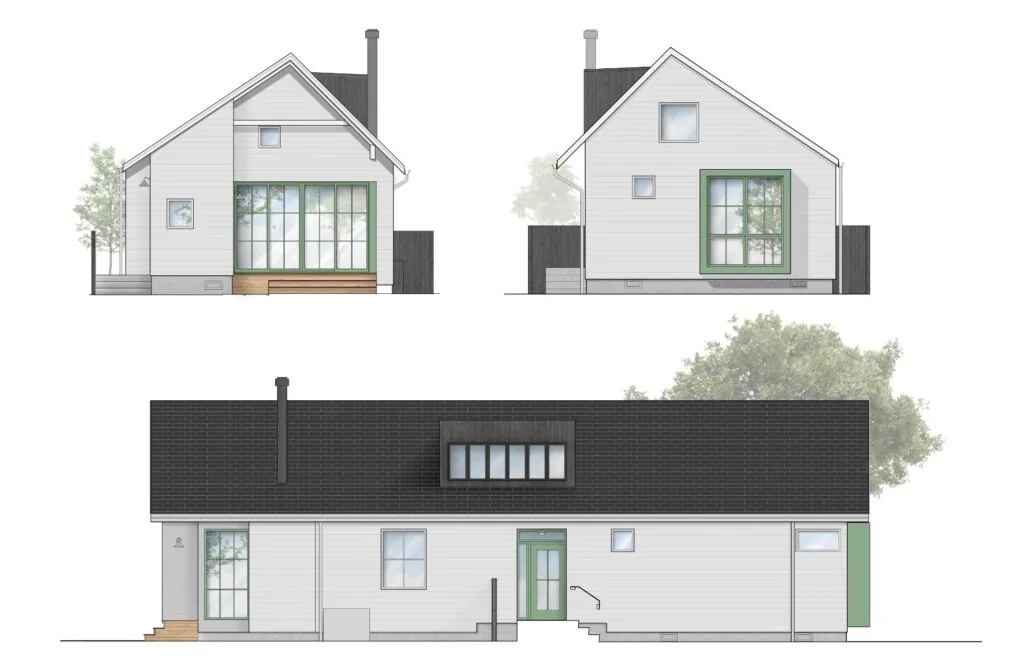 Elevation drawings of the Rad Trad house featuring white siding, large windows, and a dark gable roof with a dormer.