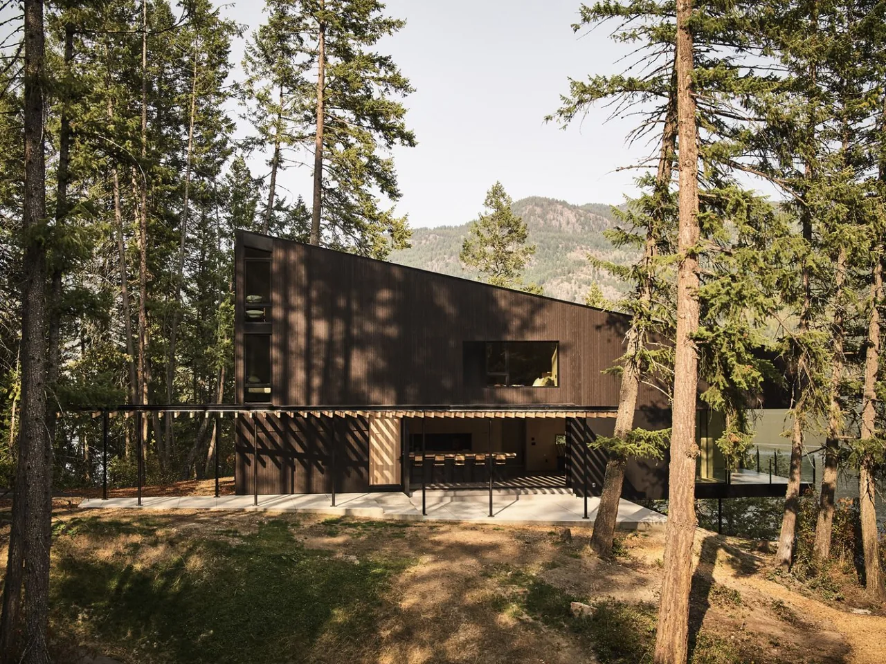 Boundary Point Cabin features dark wood siding and a shed roof amidst tall trees and mountainous terrain.