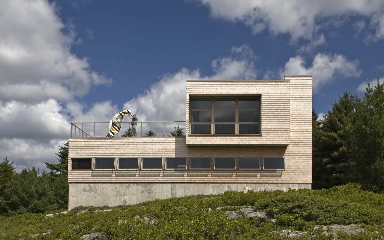 Punkinville House features shingle siding and a rooftop deck, situated amid natural greenery.