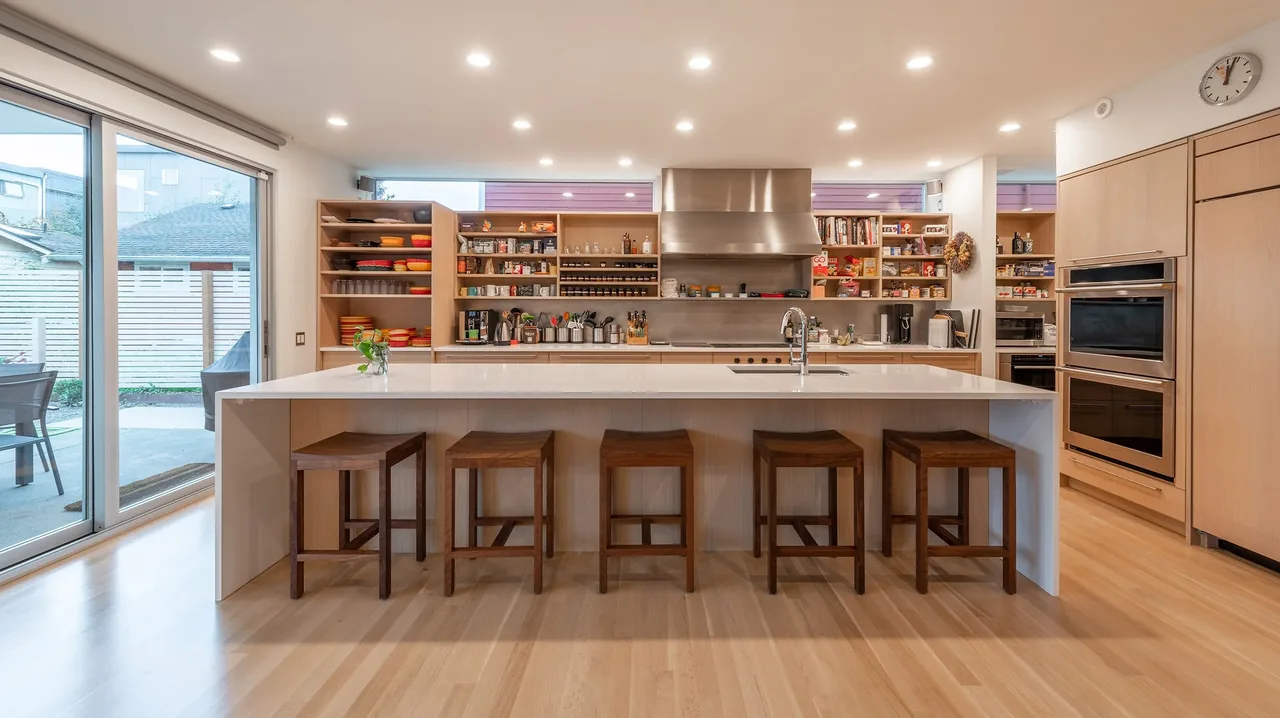 Greenwood Residence kitchen features a long island with white countertop and wooden stools, open shelving, and stainless steel vent hood.