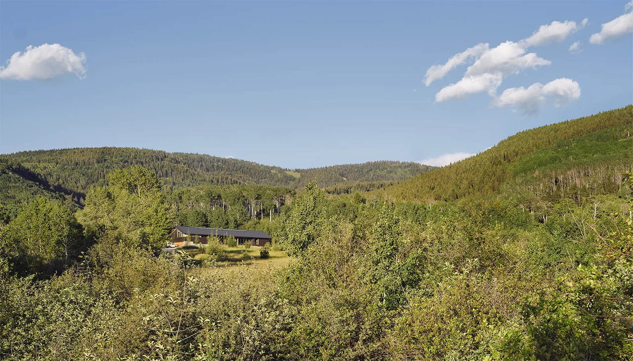 The Spring Creek Residence sits low in a green valley with forested hills in the background and clear blue sky.