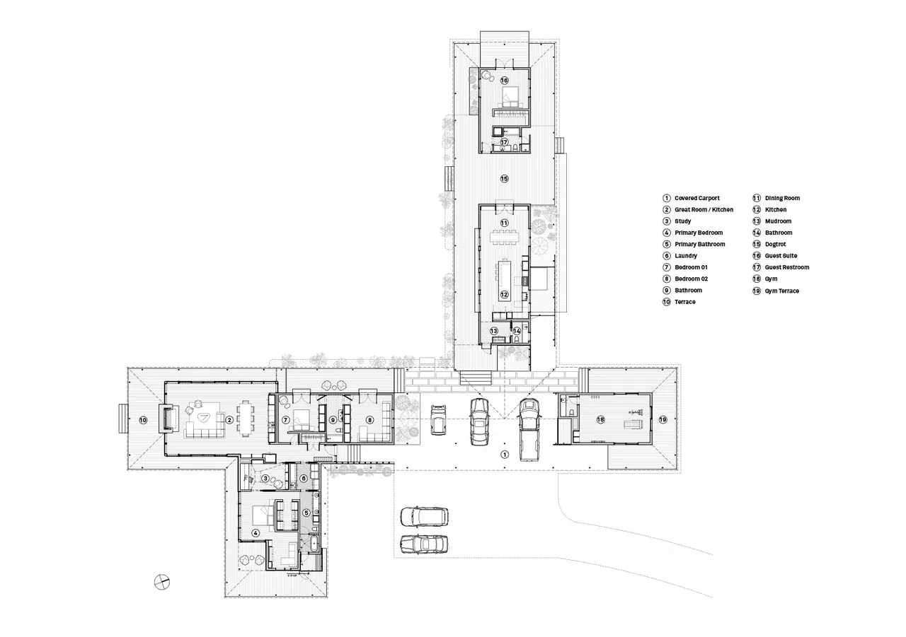 Detailed floor plan of Roam Ranch showing carport, bedrooms, kitchen, gym, and terraces.